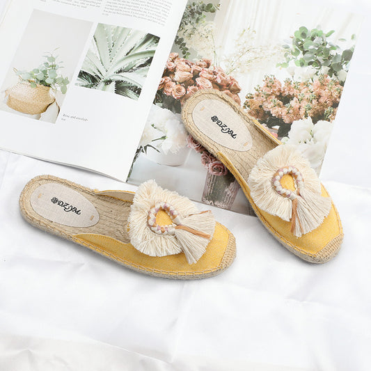 Women's Woven Hemp Bottom Closed Toe Fur Ball Slippers