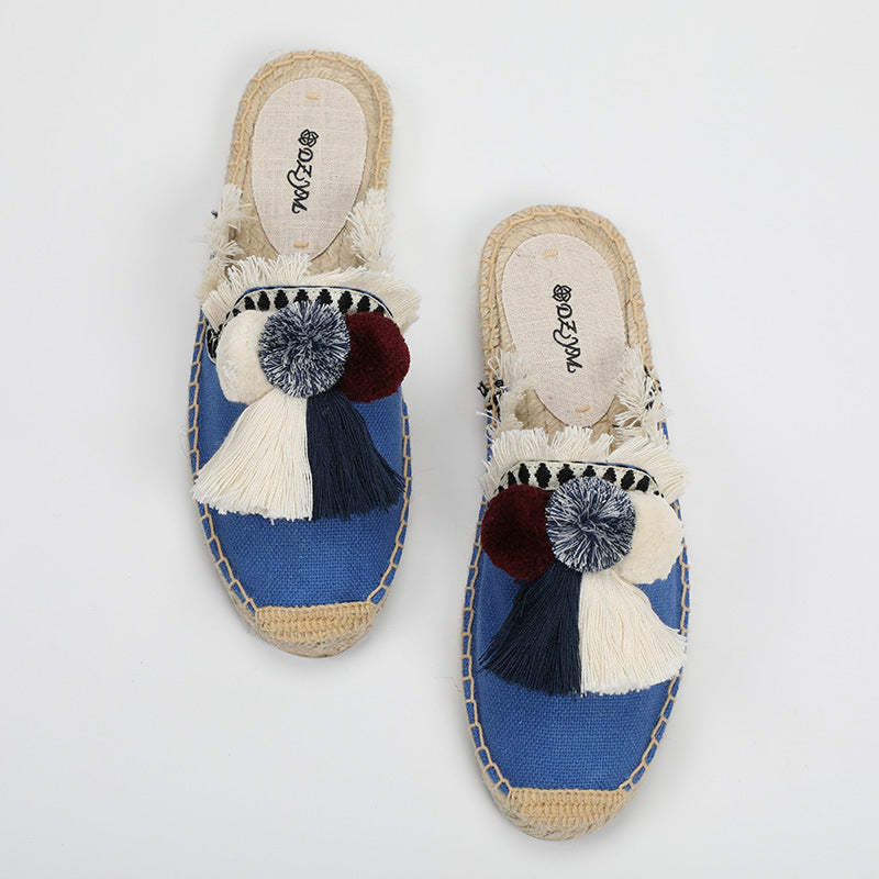 Women's Woven Hemp Bottom Closed Toe Fur Ball Slippers