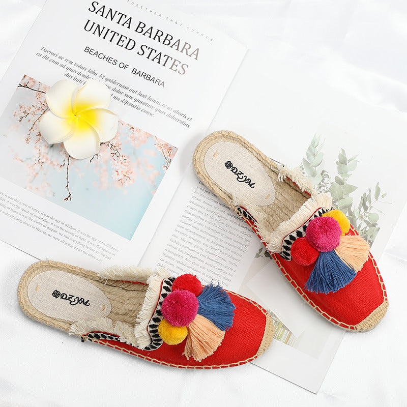 Women's Woven Hemp Bottom Closed Toe Fur Ball Slippers