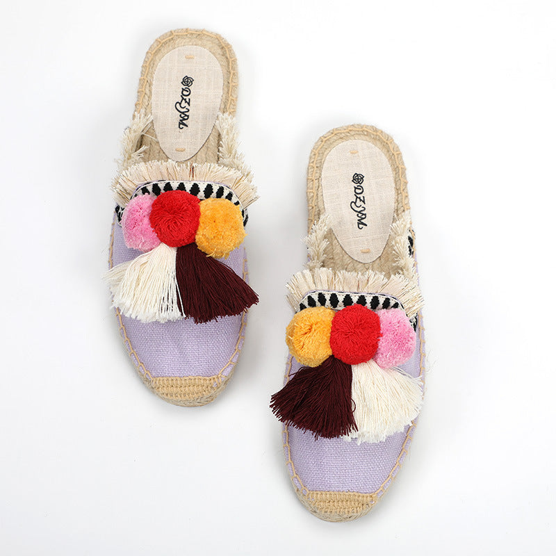 Women's Woven Hemp Bottom Closed Toe Fur Ball Slippers