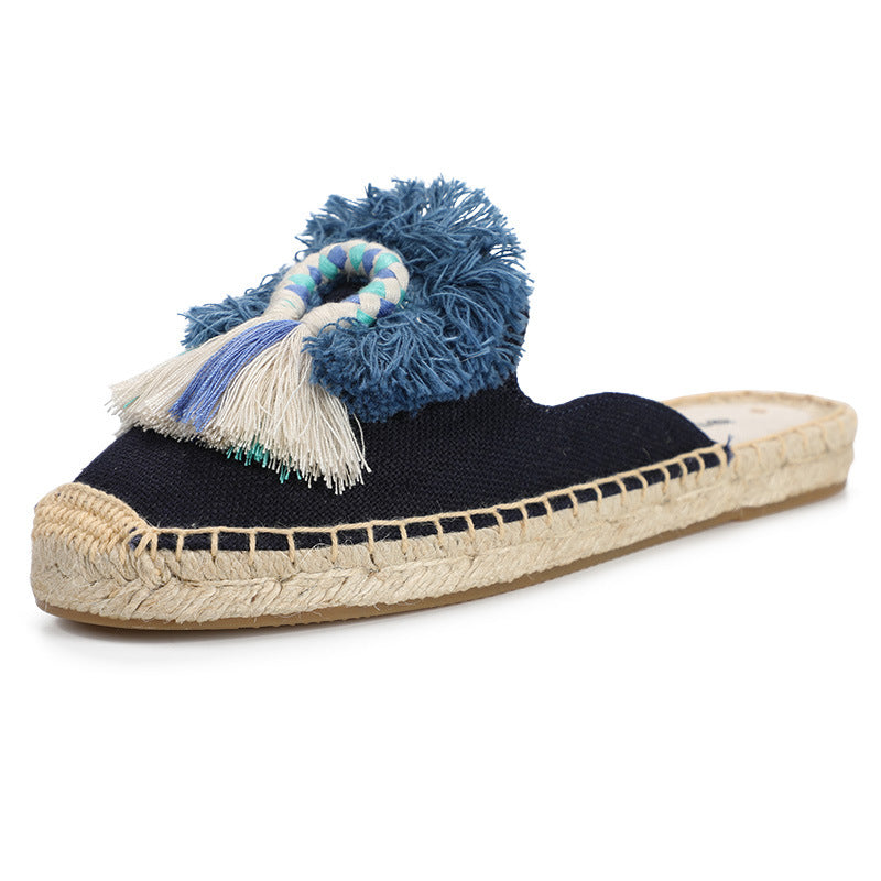 Women's Woven Hemp Bottom Closed Toe Fur Ball Slippers