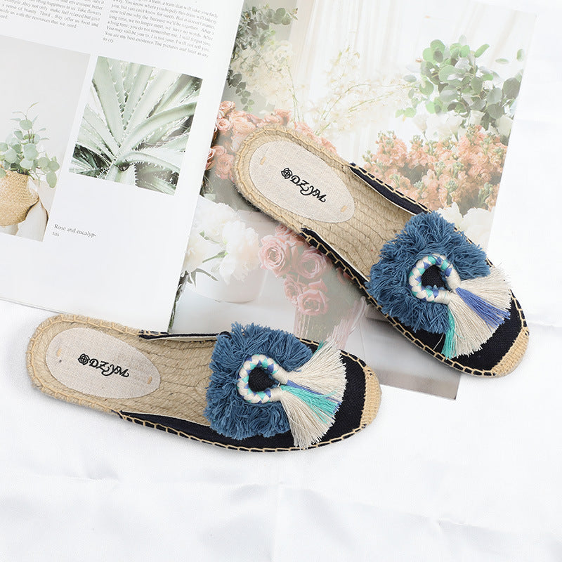 Women's Woven Hemp Bottom Closed Toe Fur Ball Slippers