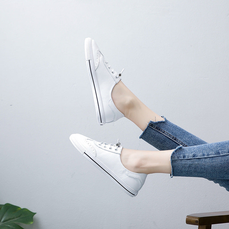 Women's Springtide Korean Style White Cowhide Board Flat Sneakers