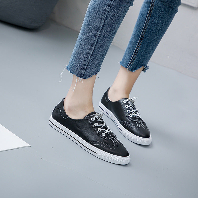 Women's Springtide Korean Style White Cowhide Board Flat Sneakers