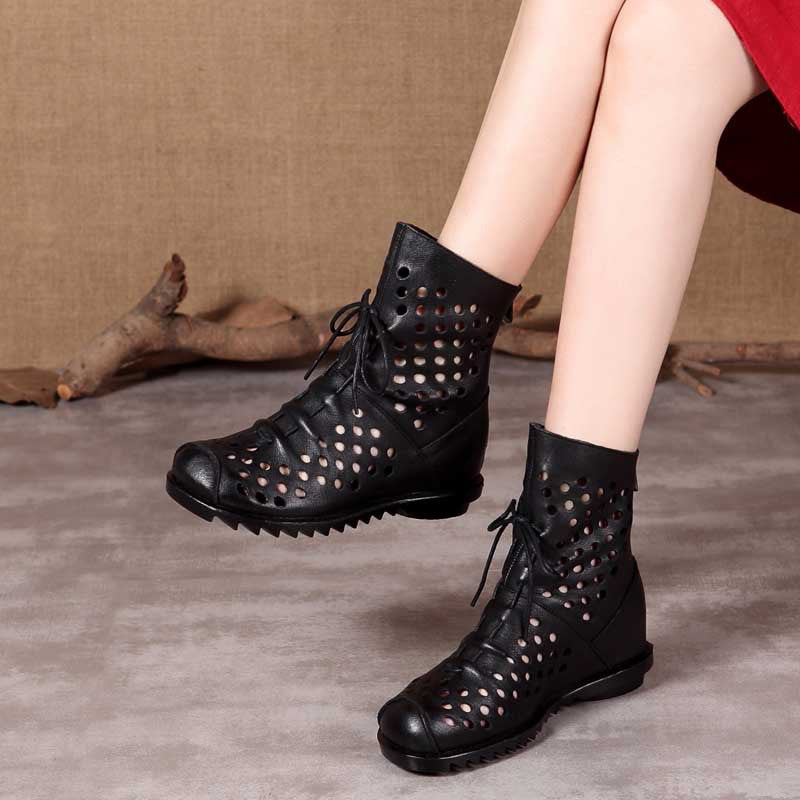 Women's Toe Summer Ankle With Soft Bottom Wedge Women's Leather Boots