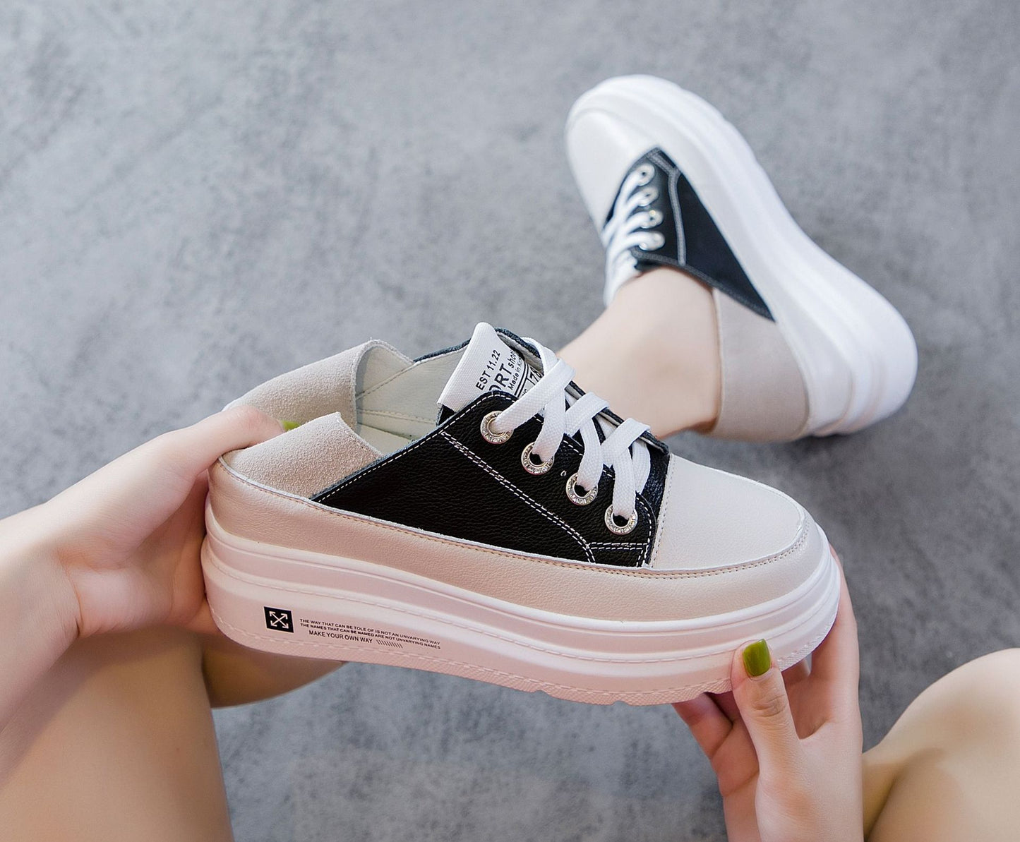 Women's Two-way Wear Platform White Height Increasing Korean Style Genuine Women's Casual Shoes