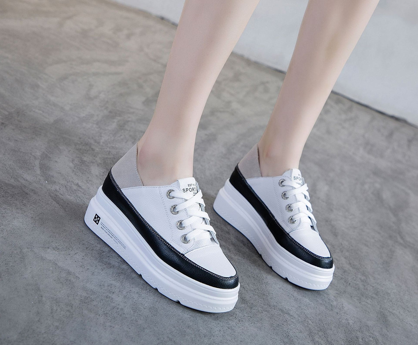 Women's Two-way Wear Platform White Height Increasing Korean Style Genuine Women's Casual Shoes