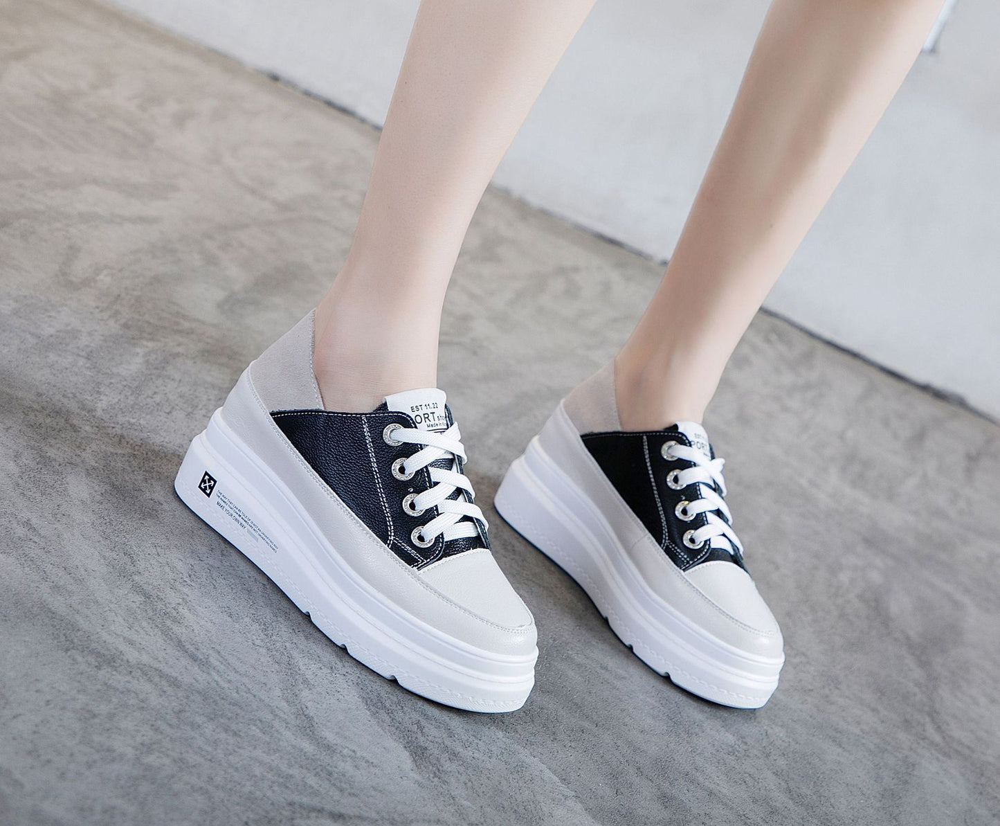 Women's Two-way Wear Platform White Height Increasing Korean Style Genuine Women's Casual Shoes