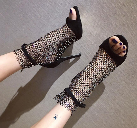 Women's Rhinestone Mesh Open Toe High-cut Plus Flat Sandals