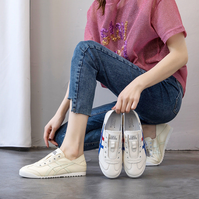 Women's Summer White Cowhide Flat Slip-on Board Sneakers