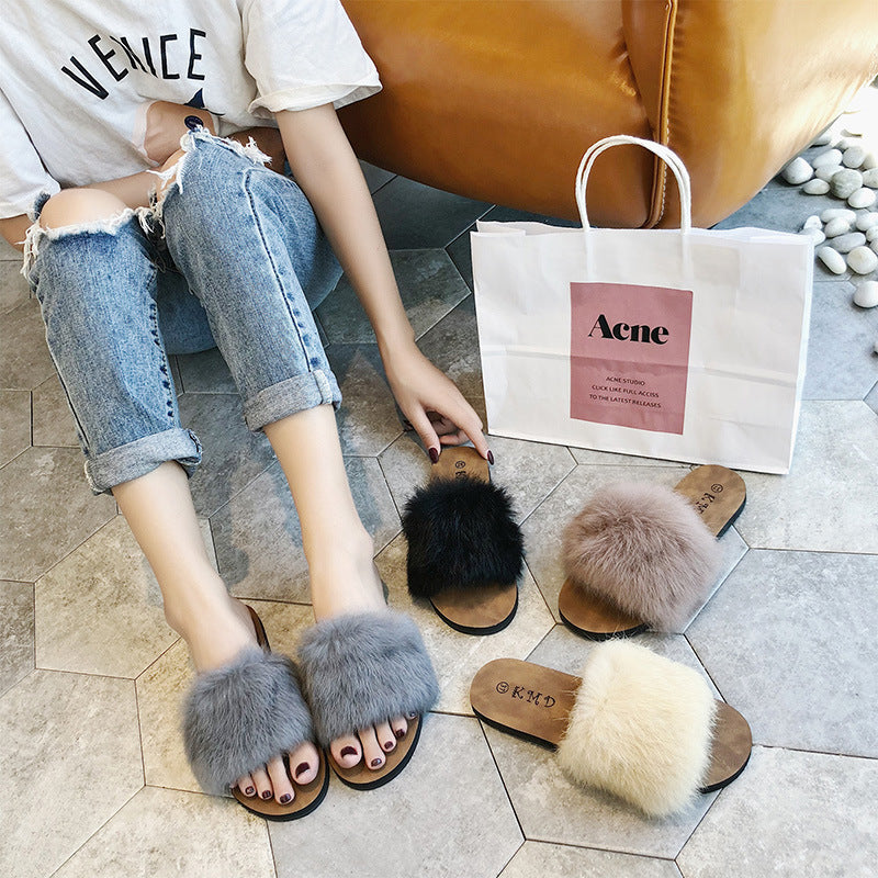 Women's Home Korean Flat For Outdoors Fluffy Sandals