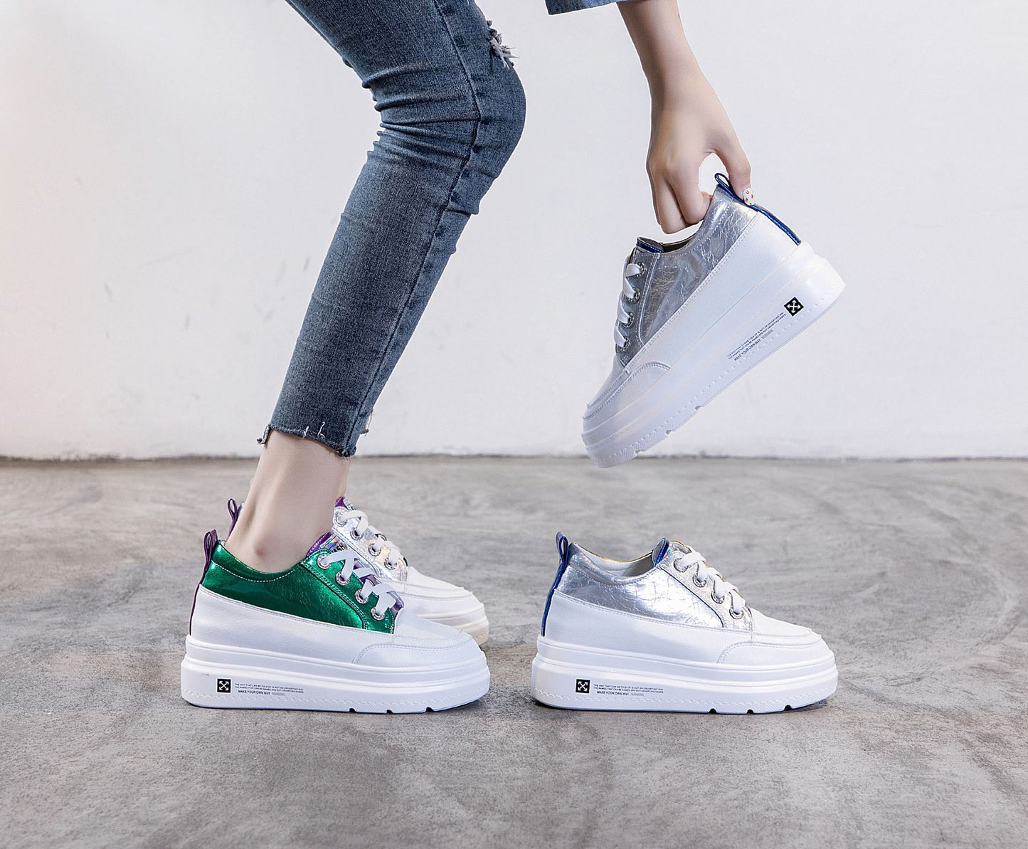 Women's White Height Increasing Korean Style Genuine Small Women's Casual Shoes