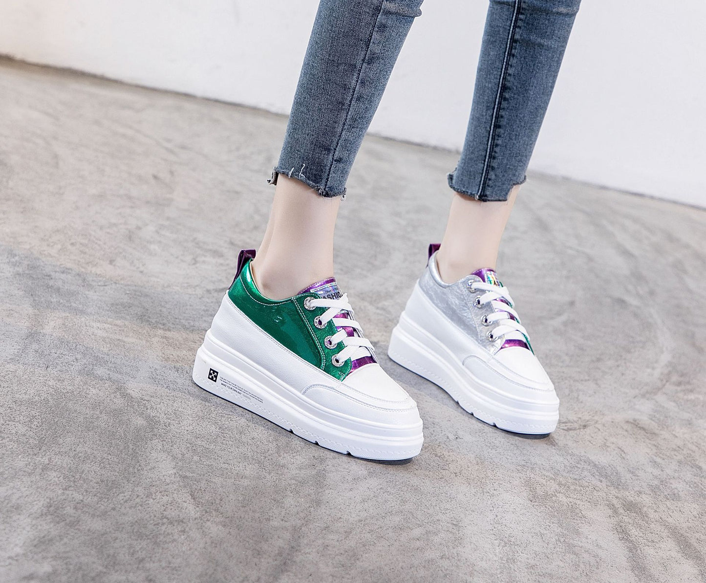 Women's White Height Increasing Korean Style Genuine Small Women's Casual Shoes