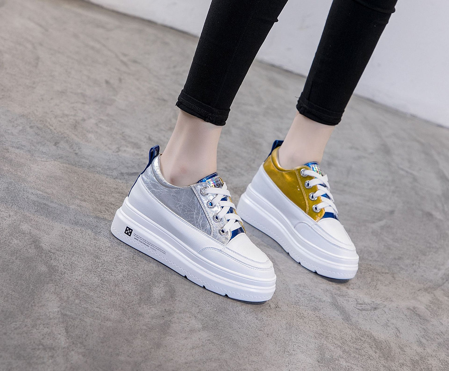 Women's White Height Increasing Korean Style Genuine Small Women's Casual Shoes