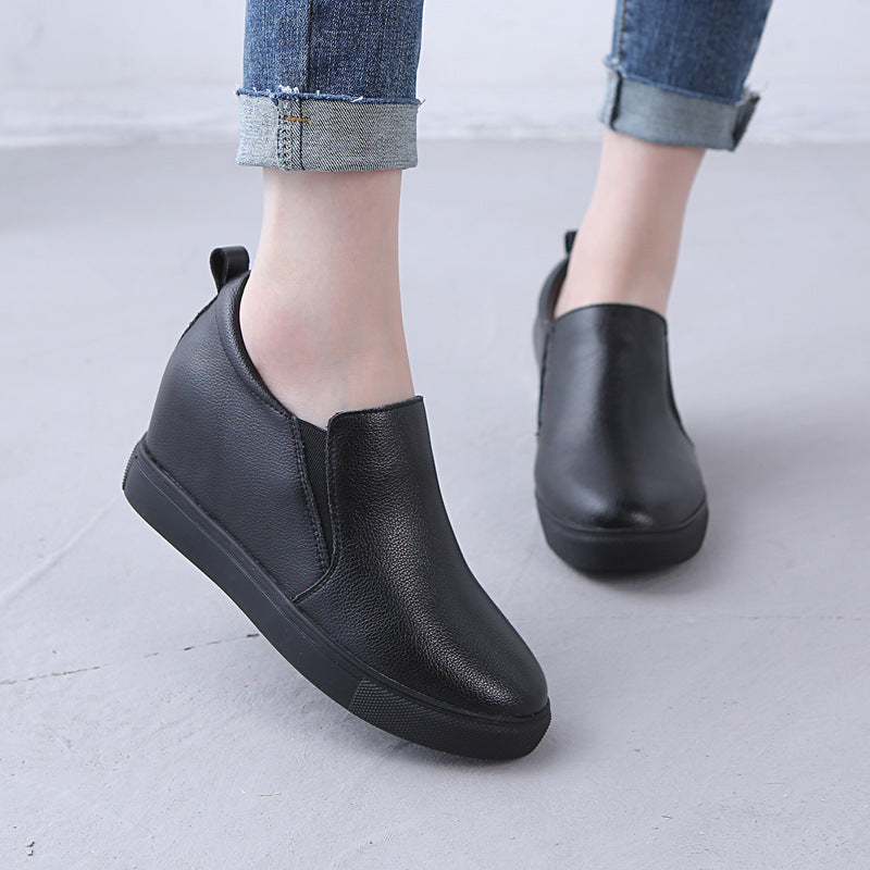 Women's Black Height Increasing Insole Wedge Small Genuine Women's Casual Shoes