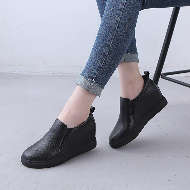 Women's Black Height Increasing Insole Wedge Small Genuine Women's Casual Shoes