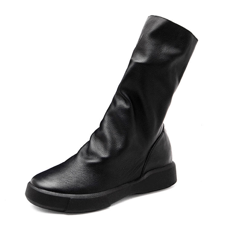 Women's Cowhide Martin Retro Back Zipper Round Boots
