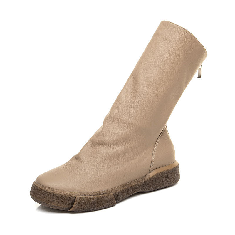 Women's Cowhide Martin Retro Back Zipper Round Boots