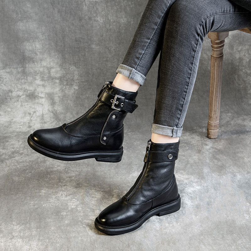 Front Zip Cowhide Martin Belt Buckle Boots