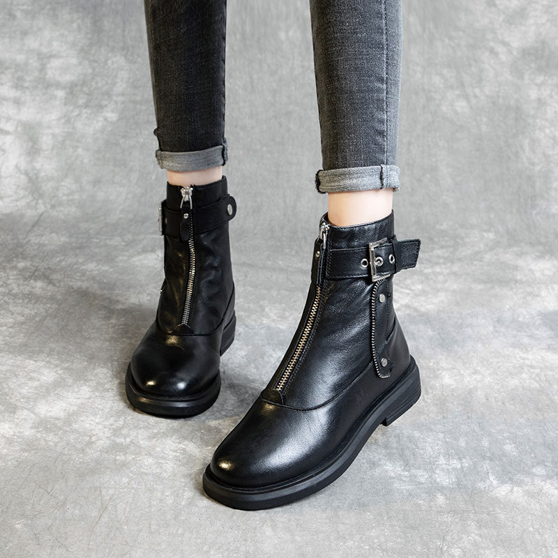 Front Zip Cowhide Martin Belt Buckle Boots