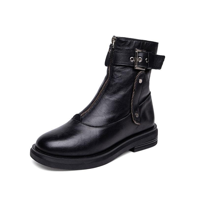 Front Zip Cowhide Martin Belt Buckle Boots