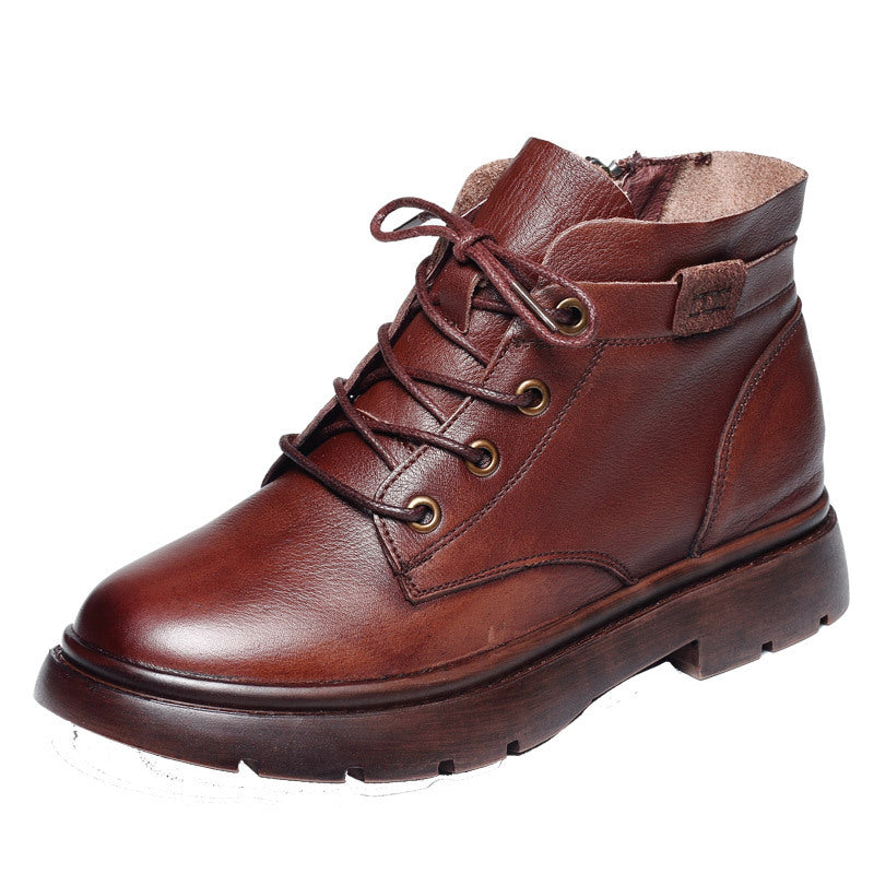 Mori Handsome Retro Cowhide Flat-heeled British Style Women's Leather Boots