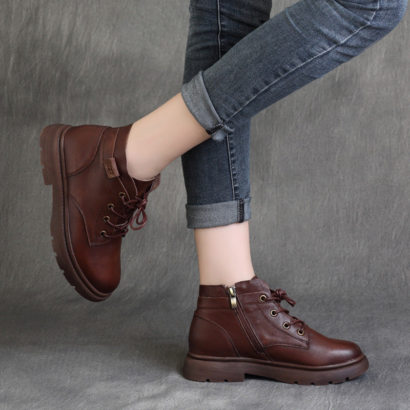 Mori Handsome Retro Cowhide Flat-heeled British Style Women's Leather Boots