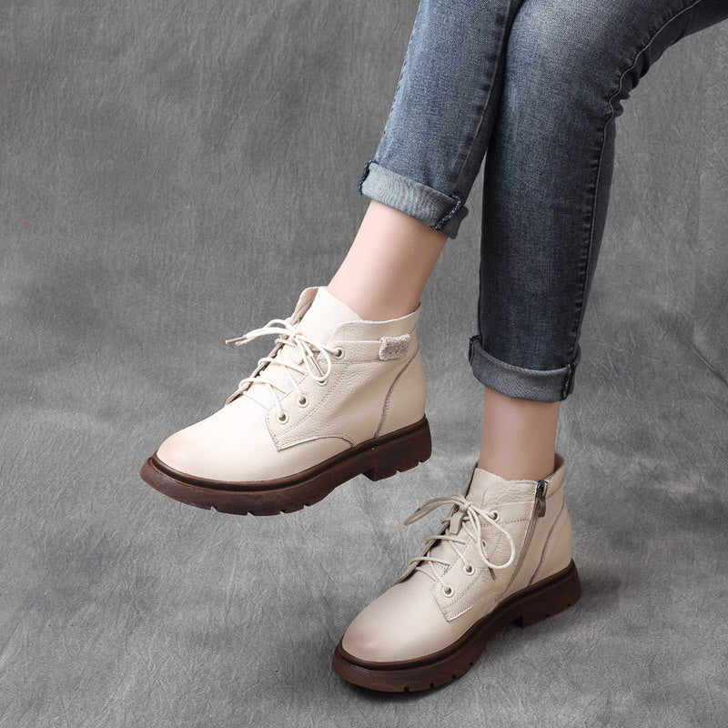 Mori Handsome Retro Cowhide Flat-heeled British Style Women's Leather Boots