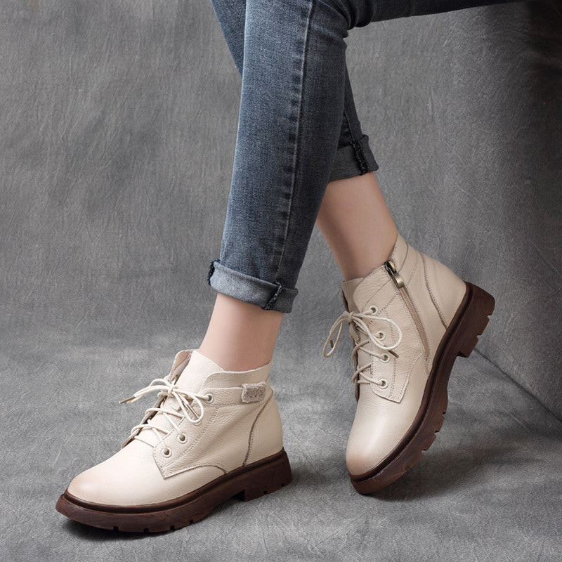 Mori Handsome Retro Cowhide Flat-heeled British Style Women's Leather Boots