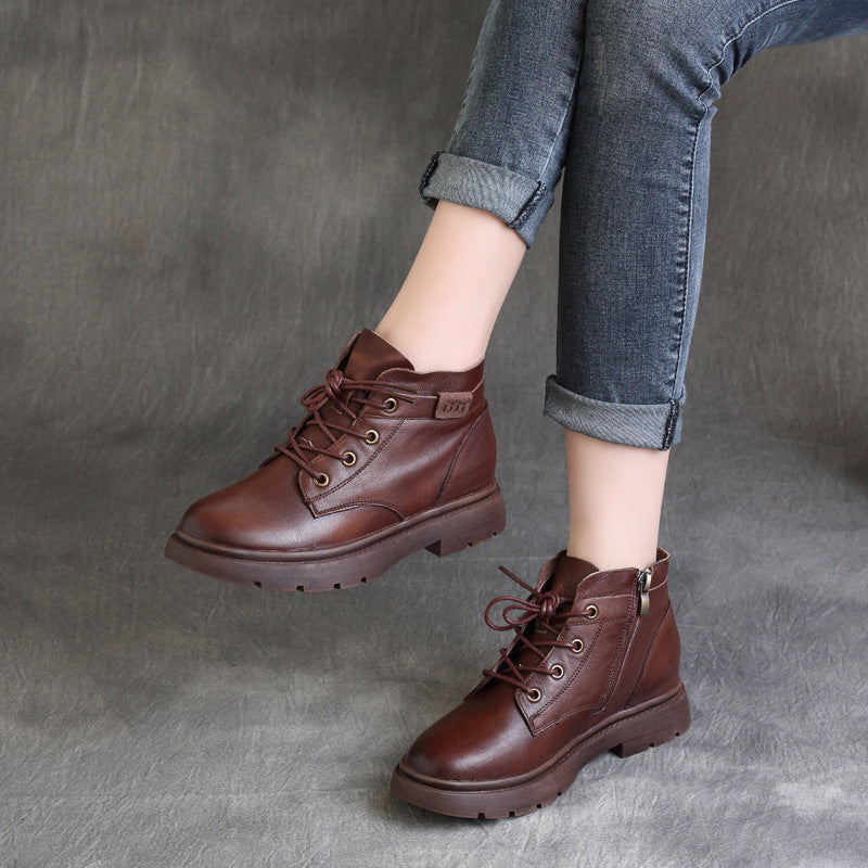 Mori Handsome Retro Cowhide Flat-heeled British Style Women's Leather Boots