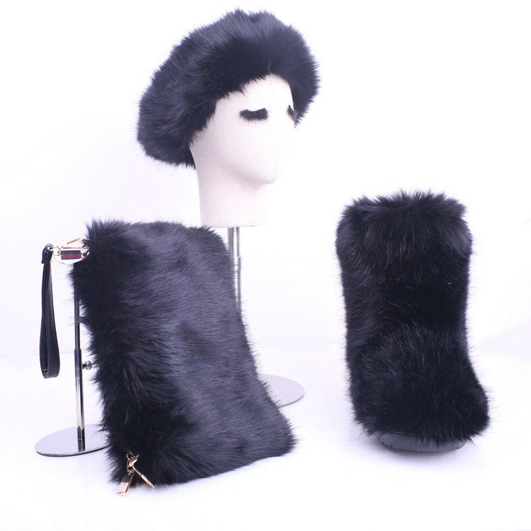 Women's Fur Hip Hop Handbag Hair Band Snow Boots