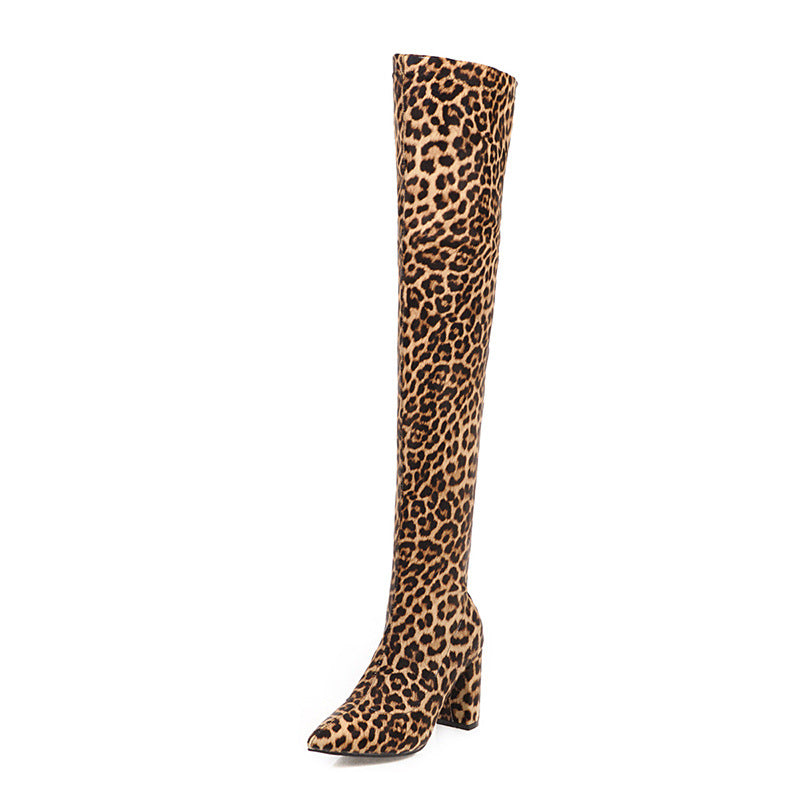 Women's Stretch Knitted Chunky Slimming Leopard Print Beautiful Over Women's Leather Boots