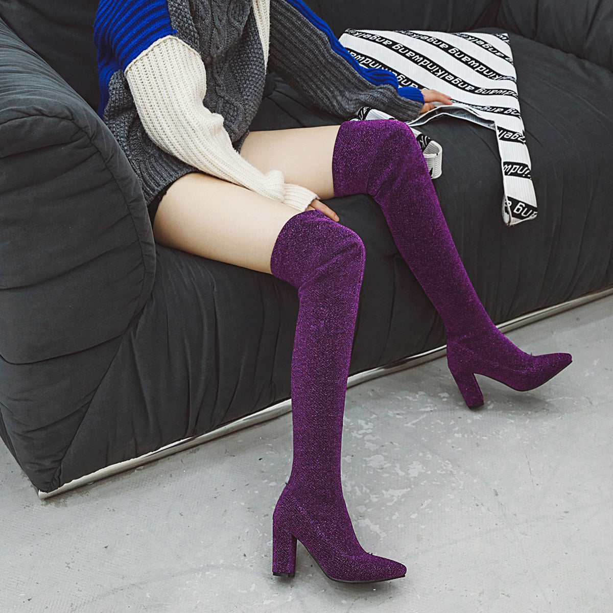 Women's Stretch Knitted Chunky Slimming Leopard Print Beautiful Over Women's Leather Boots