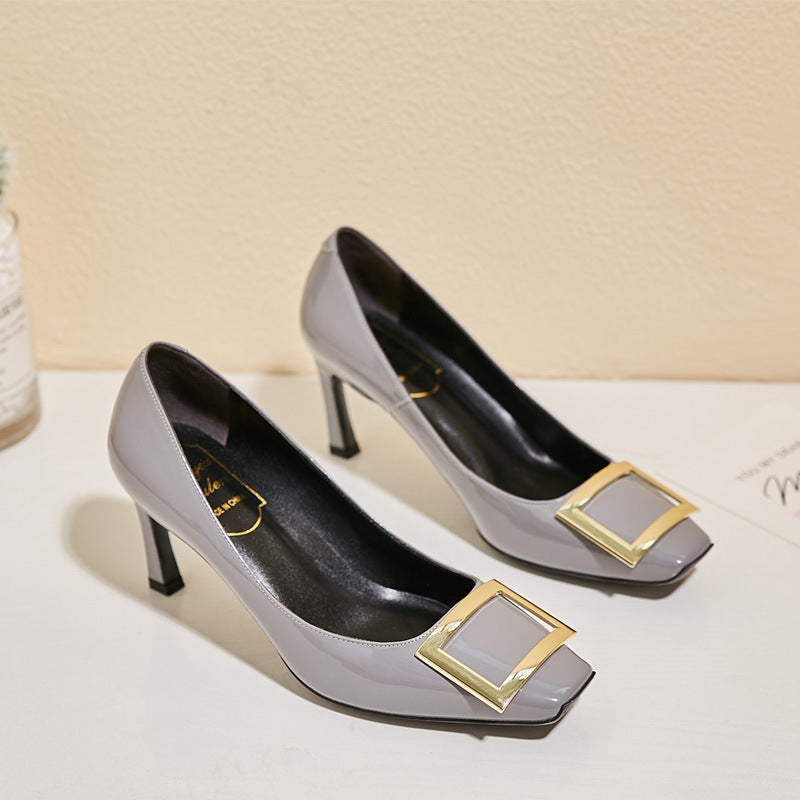 Women's Metal Buckle Patent Square Toe Mid Women's Casual Shoes