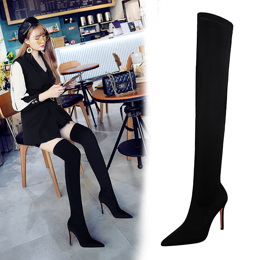 High Stretch Stiletto Pointed Toe Sexy Nightclubs Women's Leather Boots