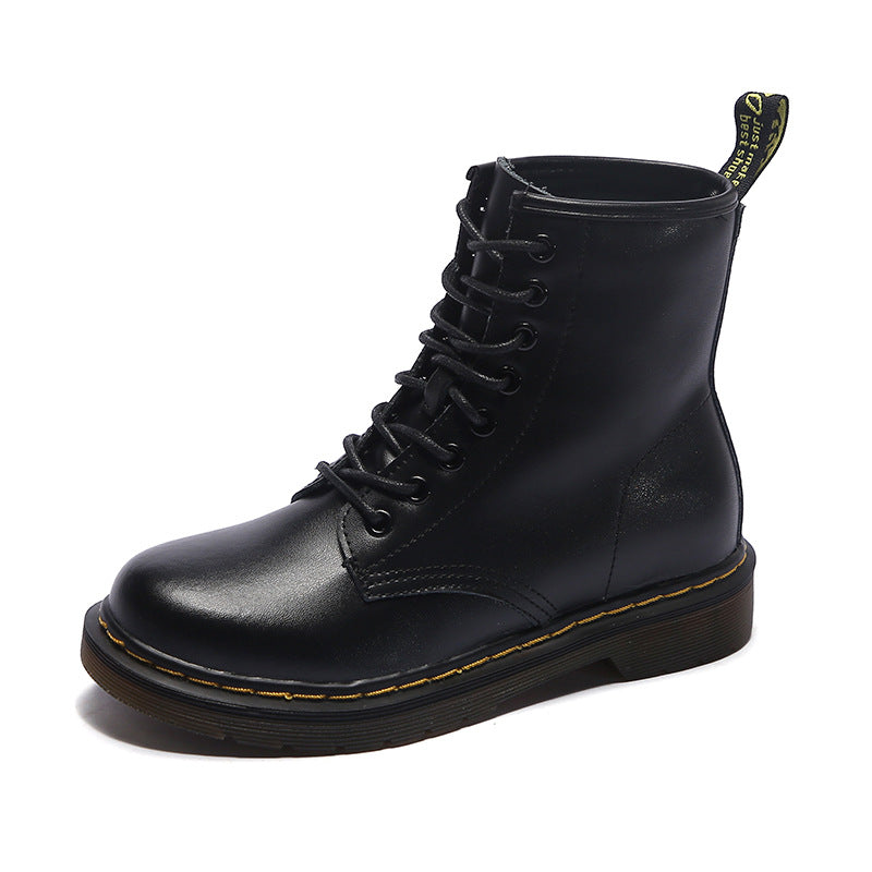 Women's Motorcycle Flat Chunky British Style Martin Cowhide Inner Height Boots