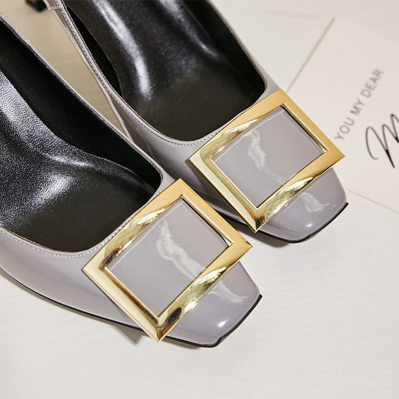 Women's Metal Buckle Patent Square Toe Mid Women's Casual Shoes