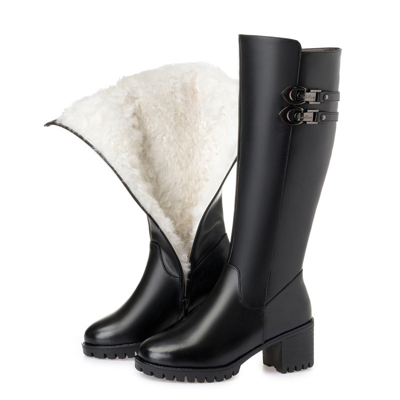 Women's Long High Large Size Thick Cowhide Winter Boots