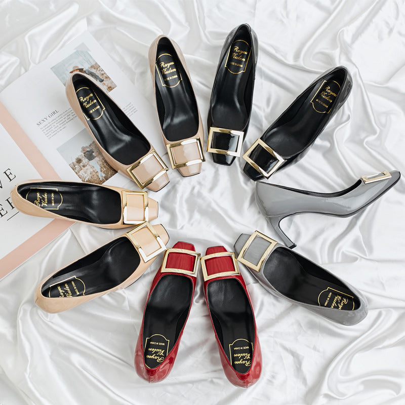 Women's Metal Buckle Patent Square Toe Mid Women's Casual Shoes