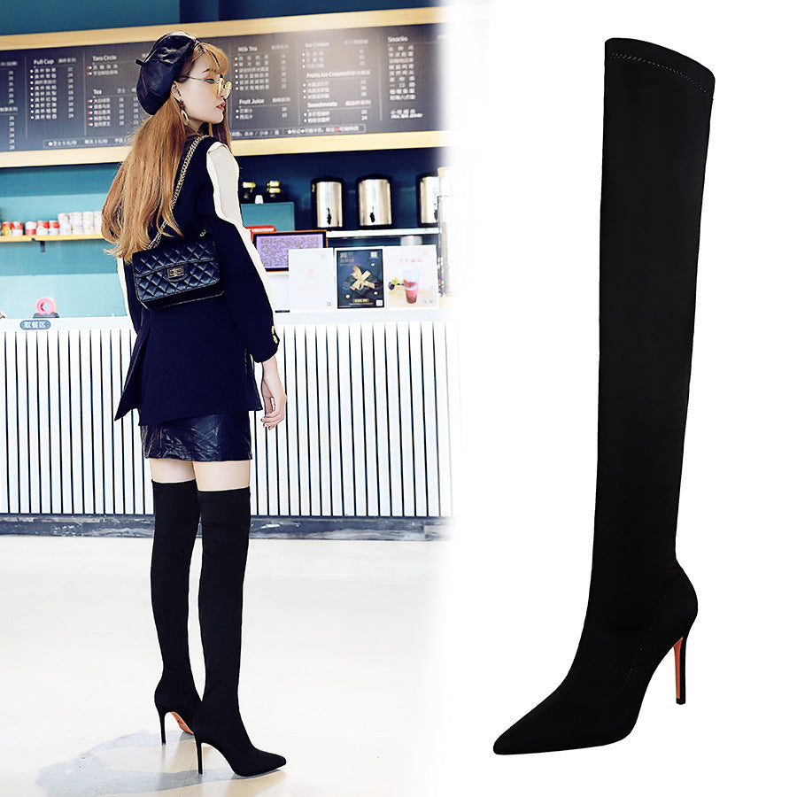 High Stretch Stiletto Pointed Toe Sexy Nightclubs Women's Leather Boots