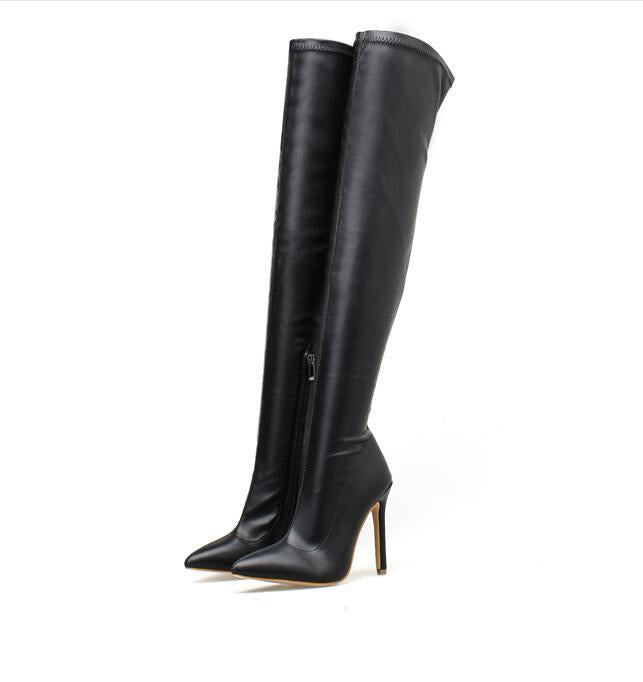 Women's Stiletto Pointed Toe Over The Knee Stockings Long Women's Leather Boots