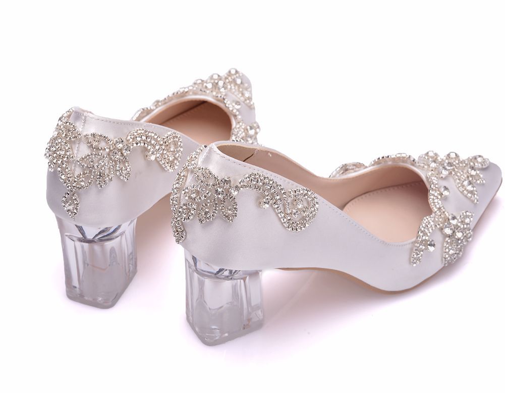 Crystal Transparent Square Chunky Pumps Rhinestone Wedding Performance Stage Women's Shoes