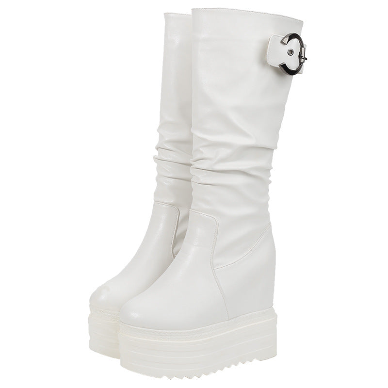 Women's Invisible Elevated High-heel Elastic Black White Middle Boots