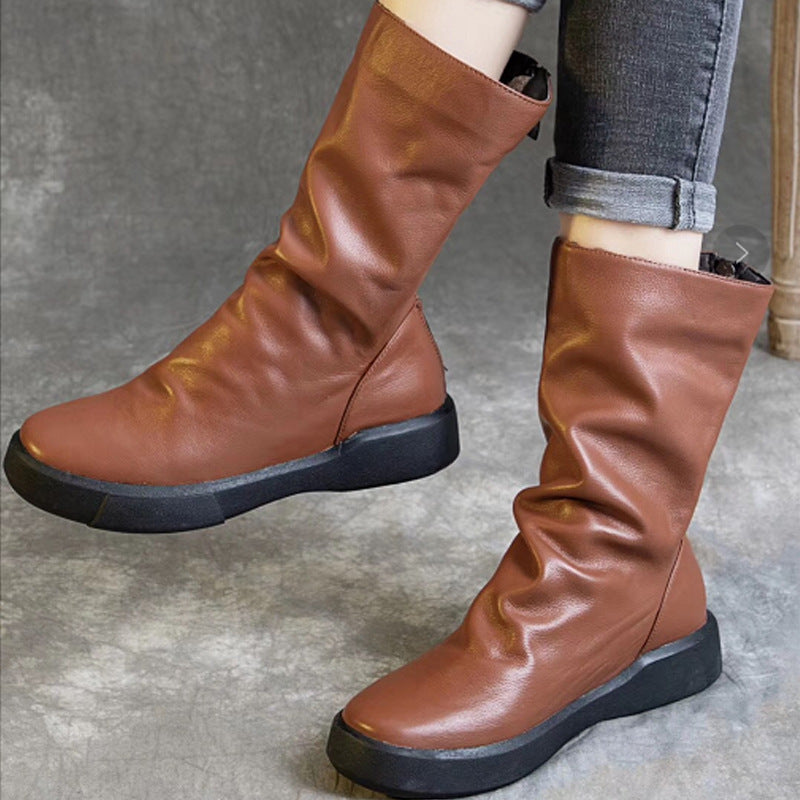 Women's Cowhide Martin Retro Back Zipper Round Boots