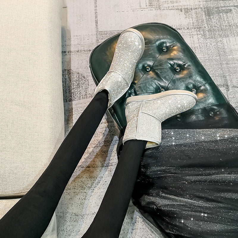 Women's Rhinestone Short Flat Bottom Full Diamond Plus Snow Boots