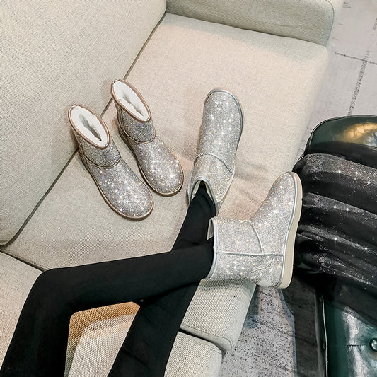 Women's Rhinestone Short Flat Bottom Full Diamond Plus Snow Boots