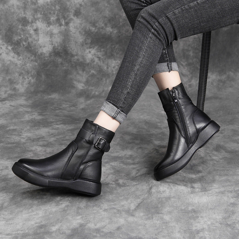 Women's Fleece-lined Cowhide British Belt Buckle Booties Women's Leather Boots