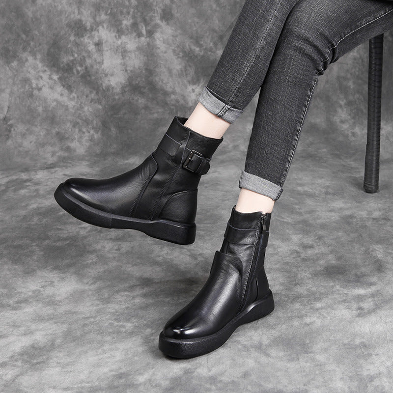Women's Fleece-lined Cowhide British Belt Buckle Booties Women's Leather Boots