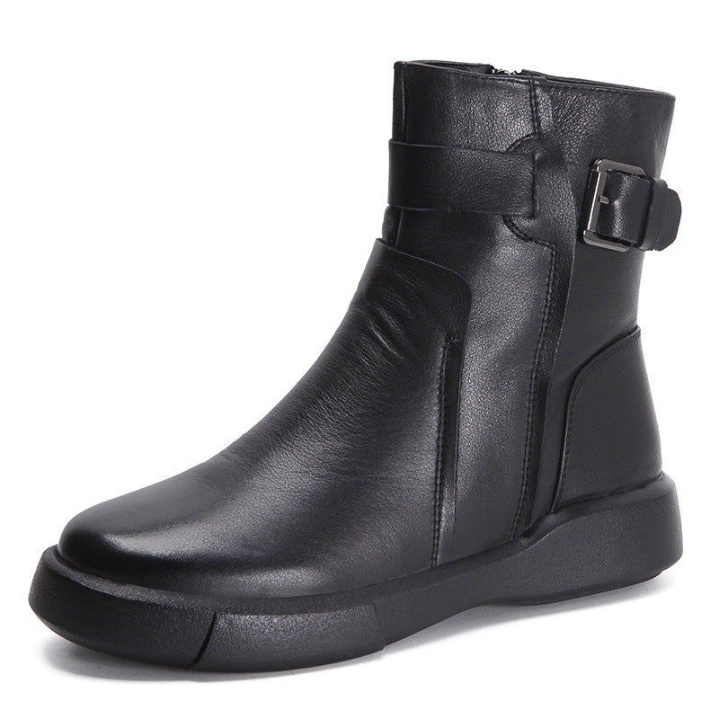 Women's Fleece-lined Cowhide British Belt Buckle Booties Women's Leather Boots