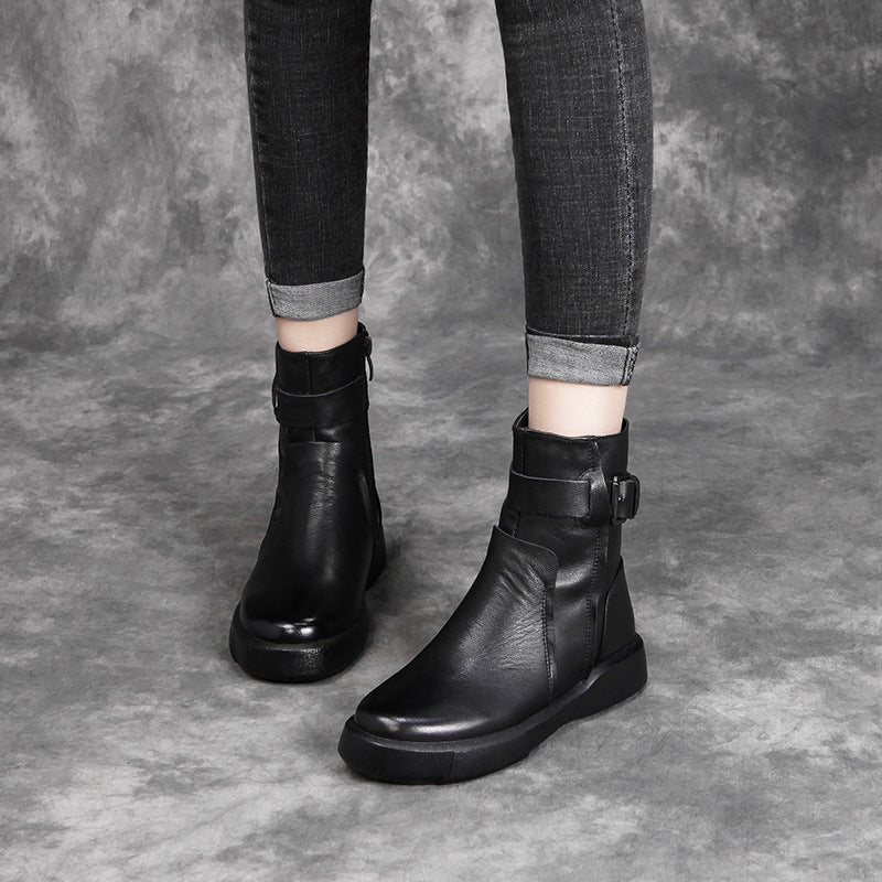 Women's Fleece-lined Cowhide British Belt Buckle Booties Women's Leather Boots